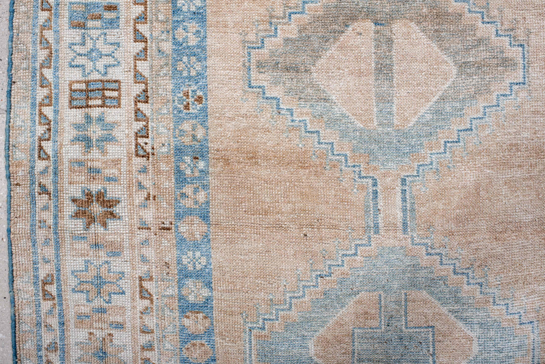 4' x 7' one-of-a-kind handmade vintage Gabbe rug. Color palette: blue, brown, dark gray, gray, light blue, light gray