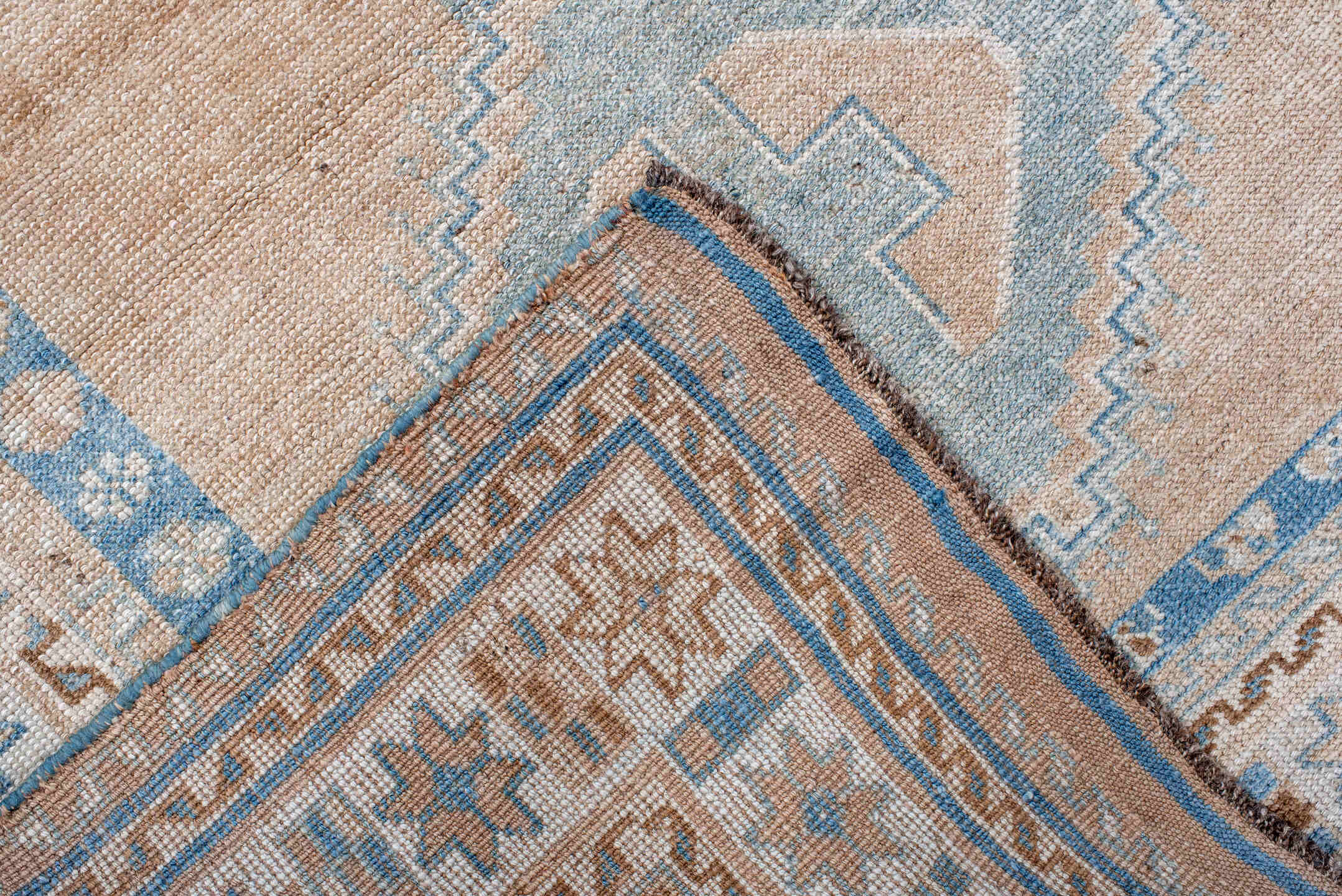 4' x 7' one-of-a-kind handmade vintage Gabbe rug. Color palette: blue, brown, dark gray, gray, light blue, light gray