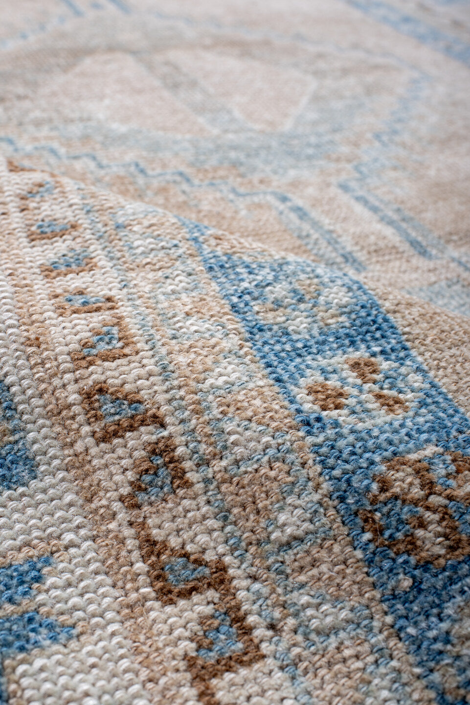 4' x 7' one-of-a-kind handmade vintage Gabbe rug. Color palette: blue, brown, dark gray, gray, light blue, light gray
