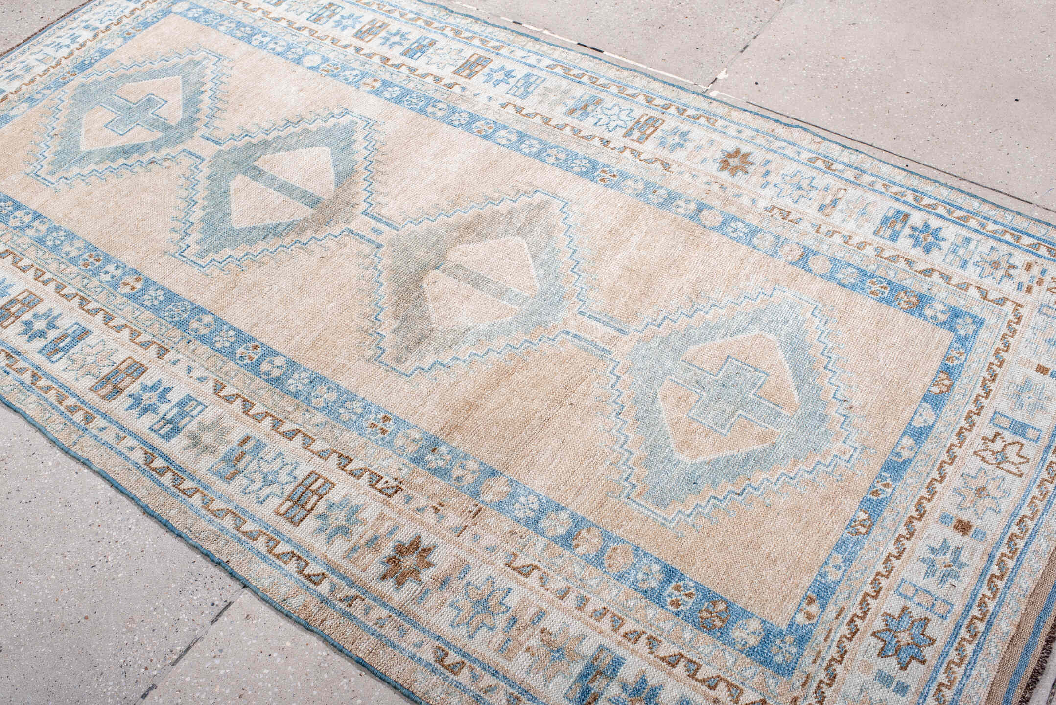 4' x 7' one-of-a-kind handmade vintage Gabbe rug. Color palette: blue, brown, dark gray, gray, light blue, light gray