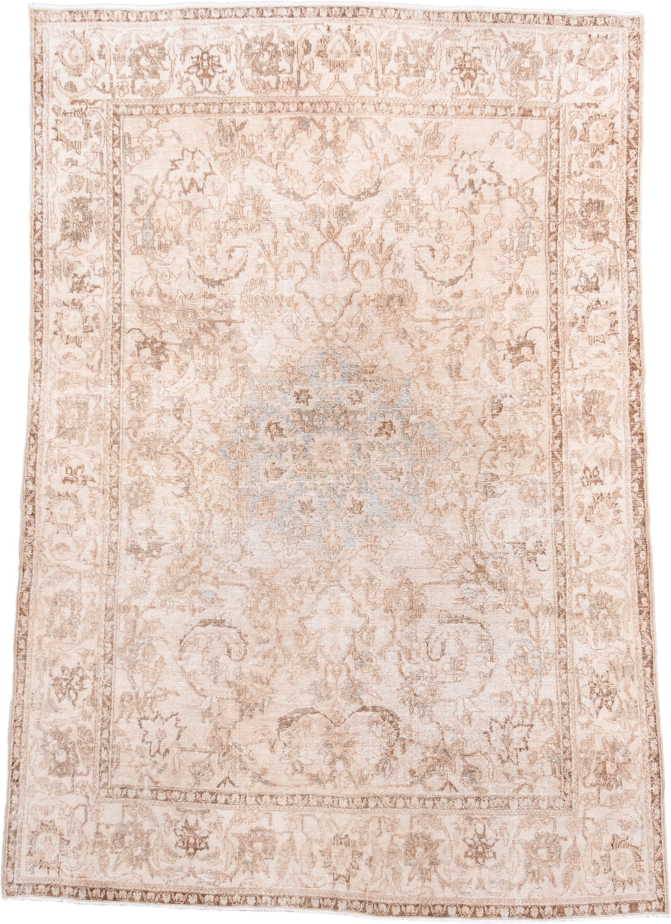 4' x 6' one-of-a-kind handmade vintage Isfahan small size rug. Color palette: ivory, beige, taupe, blush, pale blue, gray