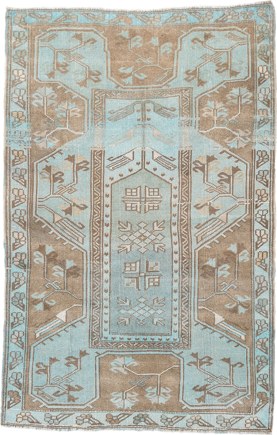 3' x 5' one-of-a-kind handmade antique Anatolian small size rug. Color palette: aqua, taupe, ivory, camel, teal, beige, gray