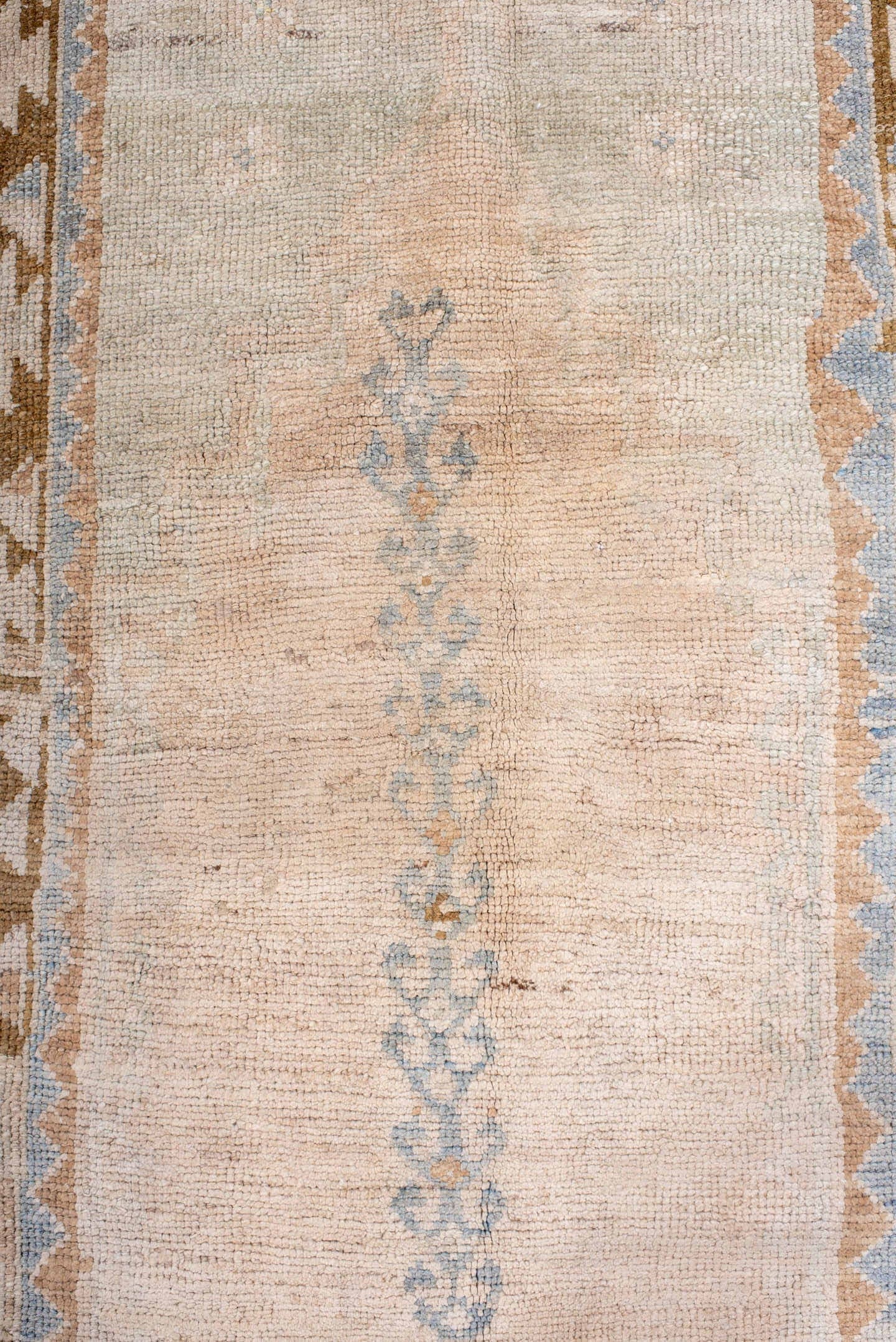 2' x 4' one-of-a-kind handmade antique Anatolian small size rug. Color palette: ivory, blush, camel, pale_blue, taupe, pink