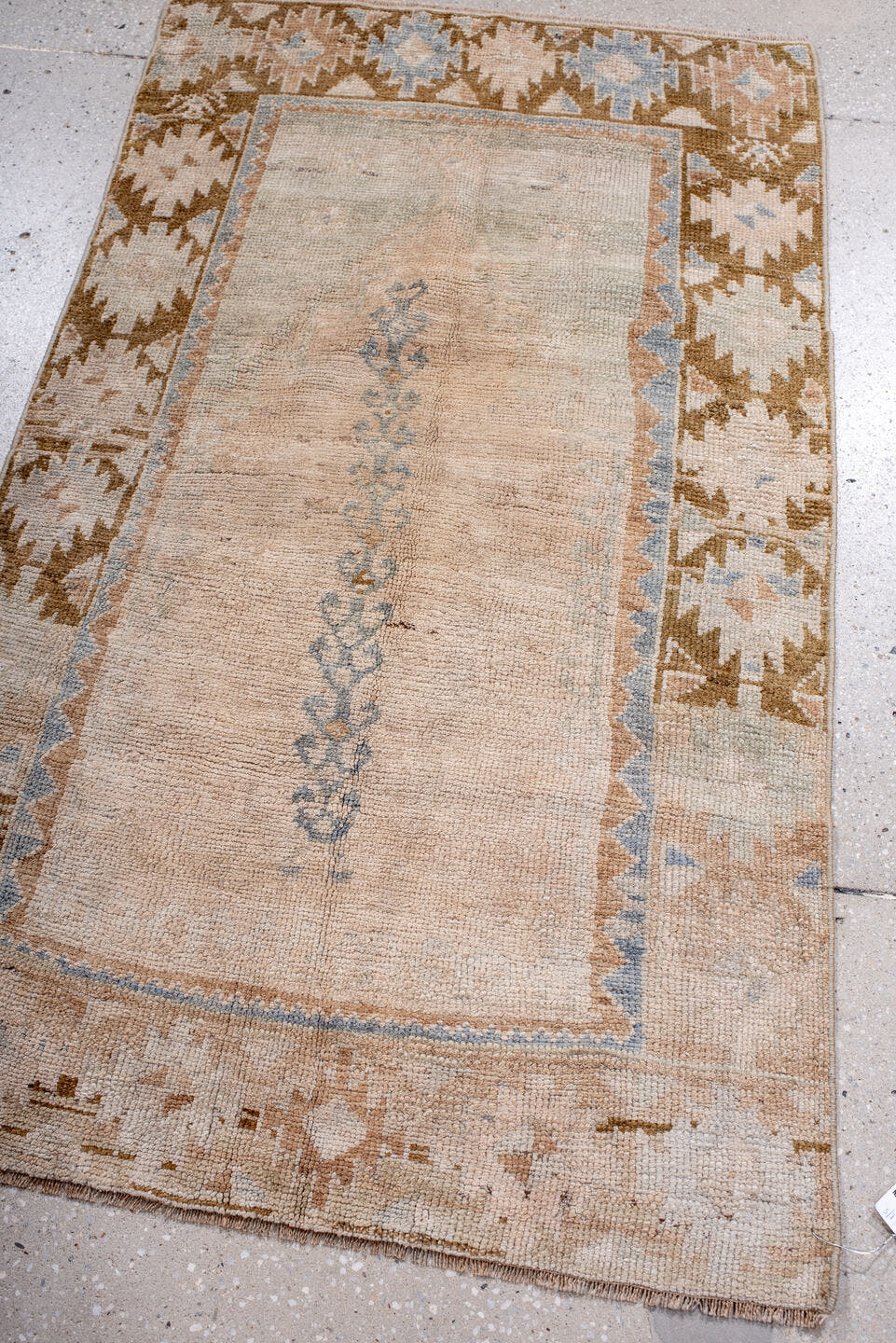 2' x 4' one-of-a-kind handmade antique Anatolian small size rug. Color palette: ivory, blush, camel, pale_blue, taupe, pink
