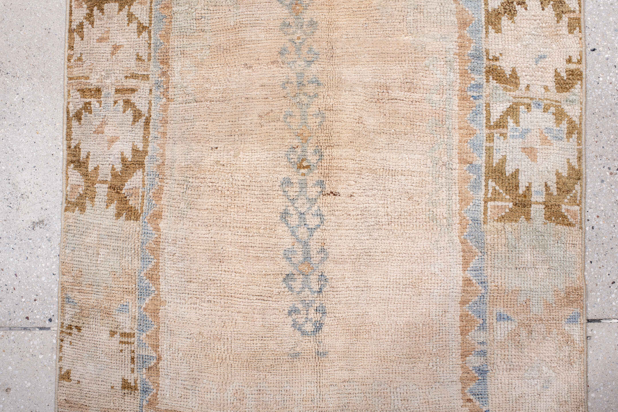 2' x 4' one-of-a-kind handmade antique Anatolian small size rug. Color palette: ivory, blush, camel, pale_blue, taupe, pink
