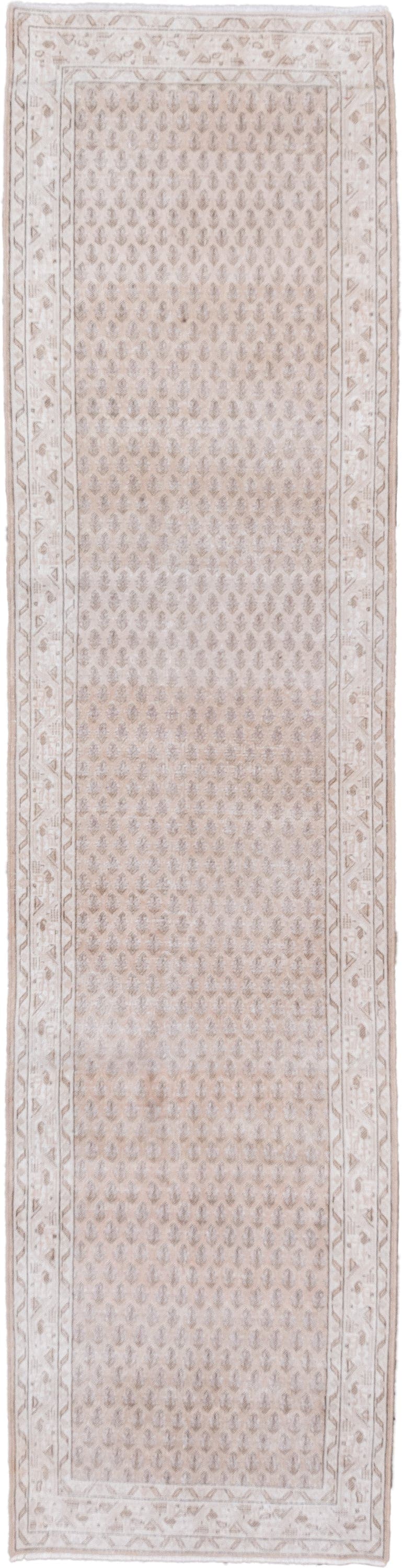 2' x 9' one-of-a-kind handmade vintage Mir runner rug. Color palette: ivory, taupe, beige, camel, light brown, gray, brown