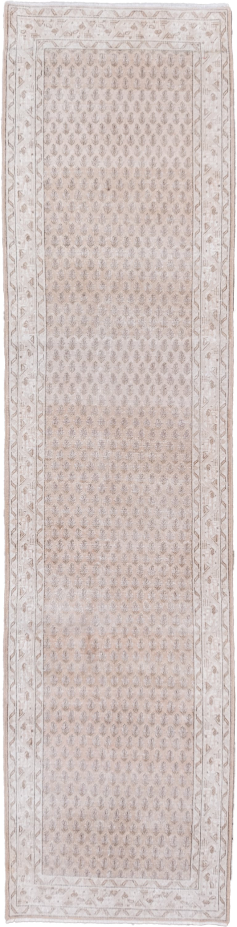 2' x 9' one-of-a-kind handmade vintage Mir runner rug. Color palette: ivory, taupe, beige, camel, light brown, gray, brown