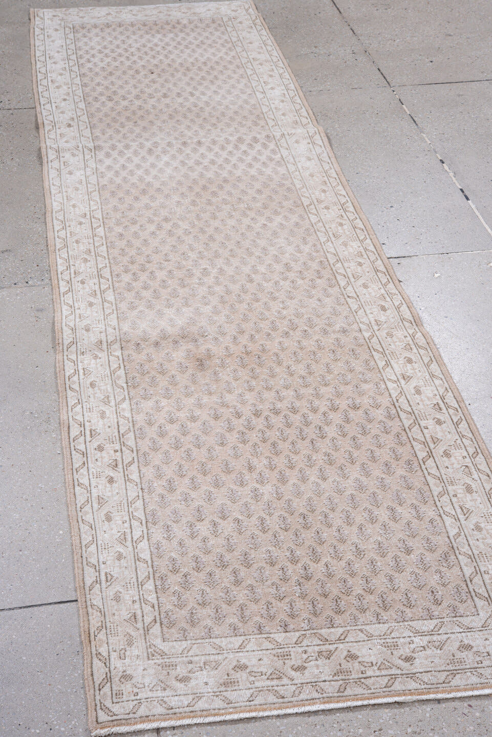 2' x 9' one-of-a-kind handmade vintage Mir runner rug. Color palette: ivory, taupe, beige, camel, light brown, gray, brown