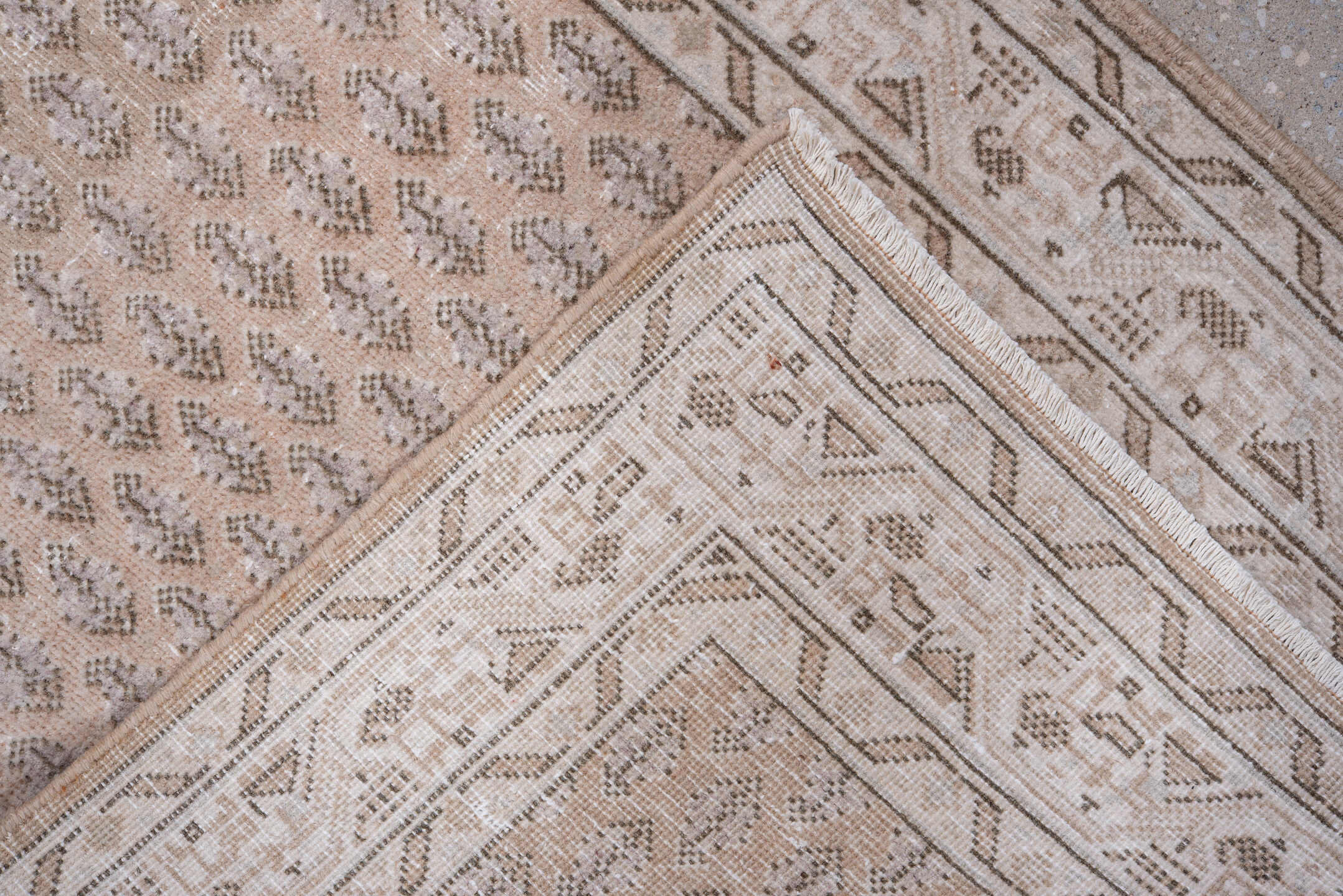 2' x 9' one-of-a-kind handmade vintage Mir runner rug. Color palette: ivory, taupe, beige, camel, light brown, gray, brown