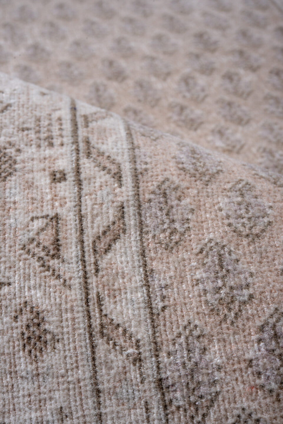 2' x 9' one-of-a-kind handmade vintage Mir runner rug. Color palette: ivory, taupe, beige, camel, light brown, gray, brown