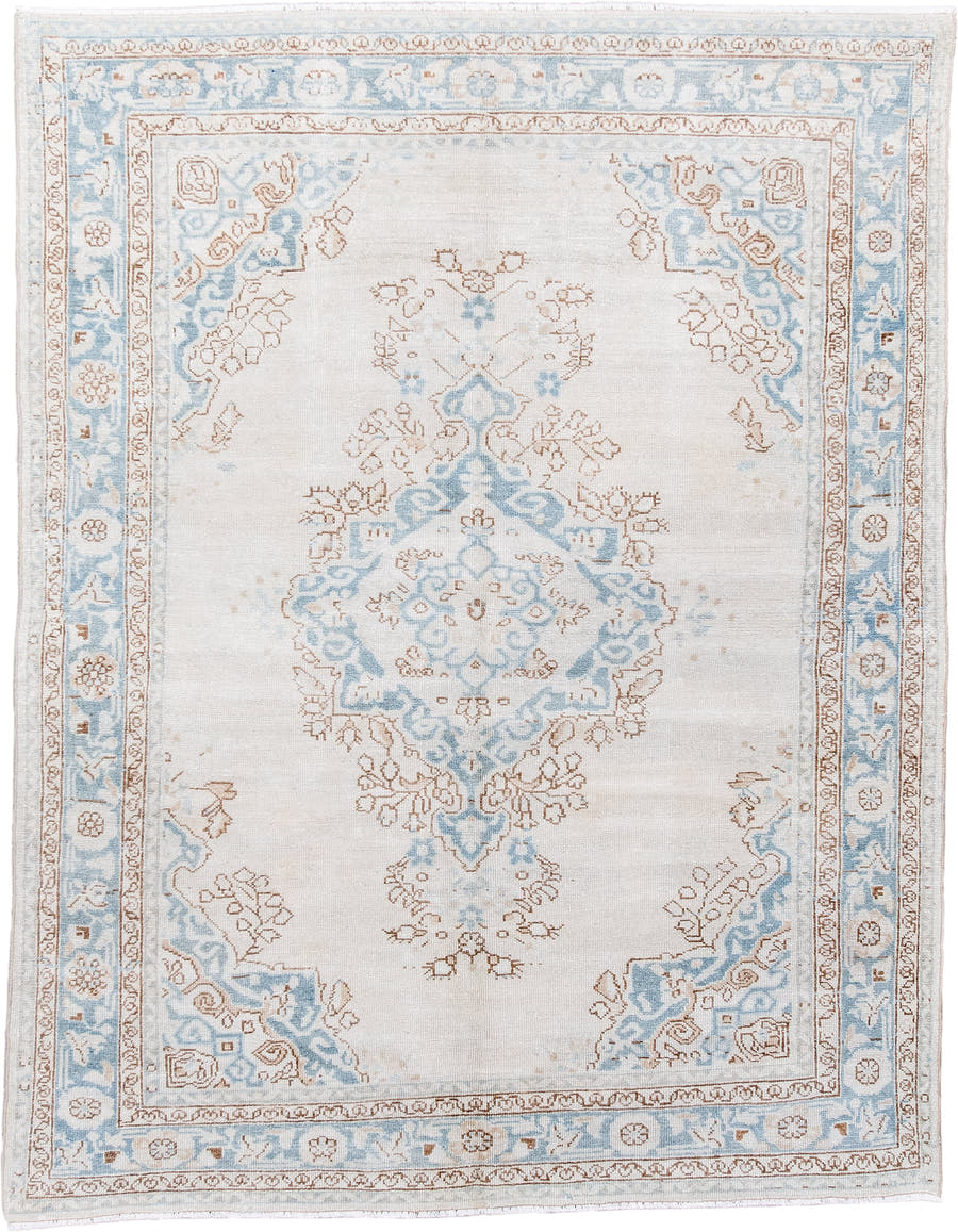5' x 6' one-of-a-kind handmade antique Malayer rug. Color palette: ivory, pale blue, taupe, cream, camel, light blue, beige