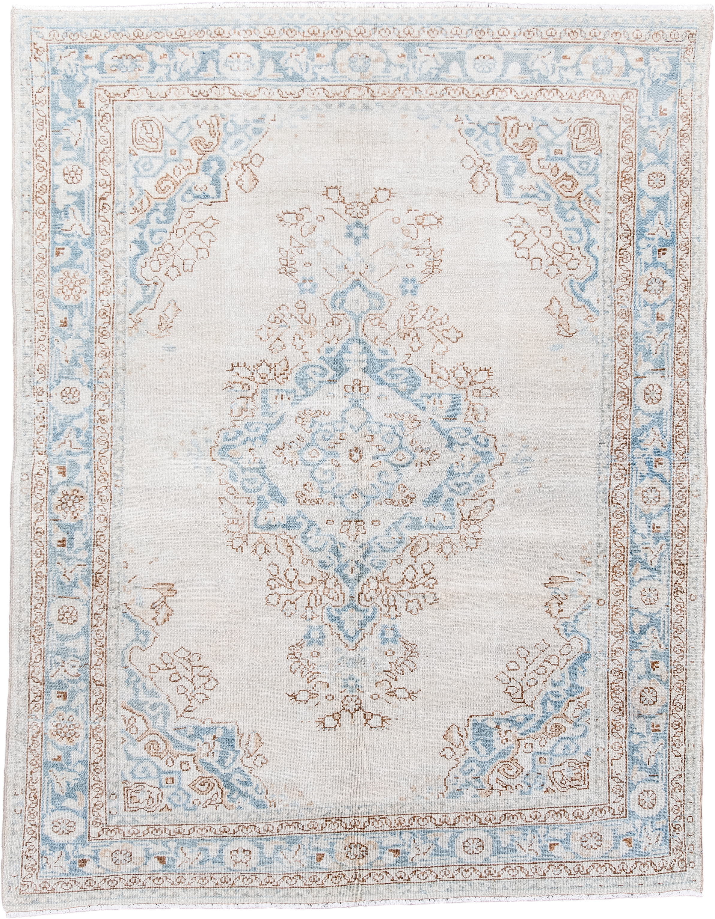 5' x 6' one-of-a-kind handmade antique Malayer rug. Color palette: ivory, pale blue, taupe, cream, camel, light blue, beige