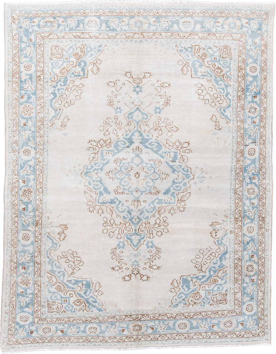 5' x 6' one-of-a-kind handmade antique Malayer rug. Color palette: ivory, pale blue, taupe, cream, camel, light blue, beige
