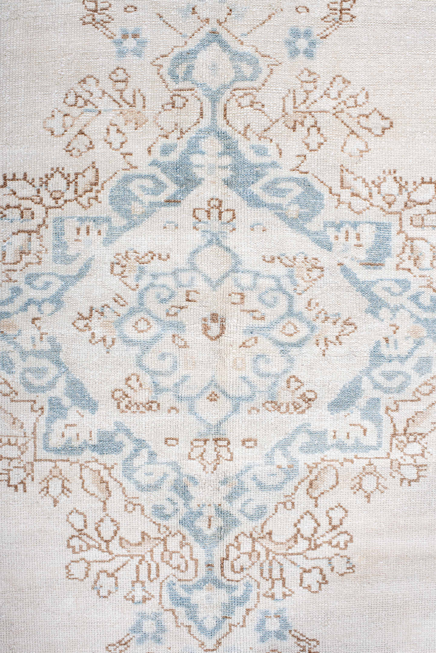 5' x 6' one-of-a-kind handmade antique Malayer rug. Color palette: ivory, pale blue, taupe, cream, camel, light blue, beige
