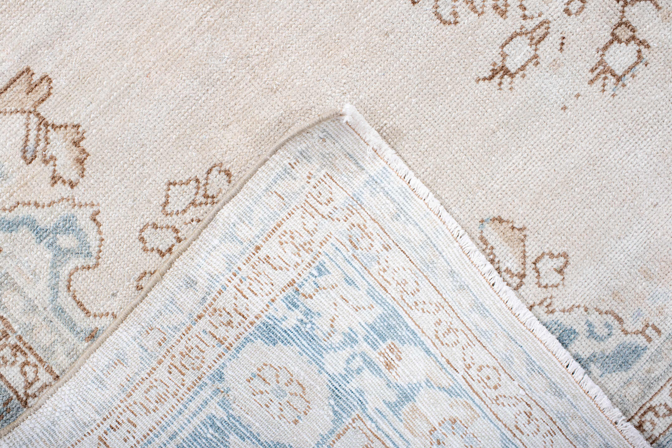 5' x 6' one-of-a-kind handmade antique Malayer rug. Color palette: ivory, pale blue, taupe, cream, camel, light blue, beige