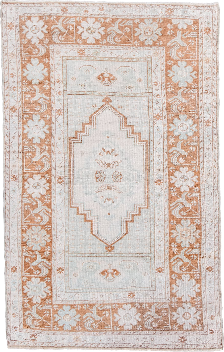 3' x 5' one-of-a-kind handmade antique Anatolian small size rug. Color palette: ivory, terra cotta, cream, pale blue, beige