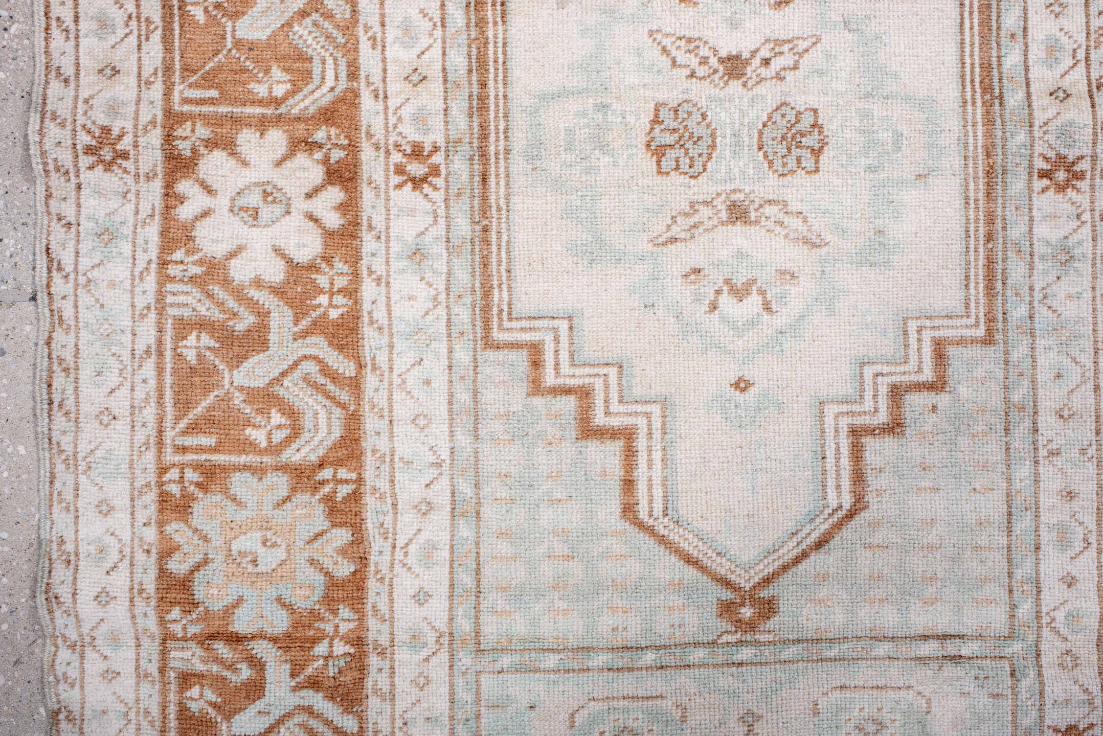 3' x 5' one-of-a-kind handmade antique Anatolian small size rug. Color palette: ivory, terra cotta, cream, pale blue, beige