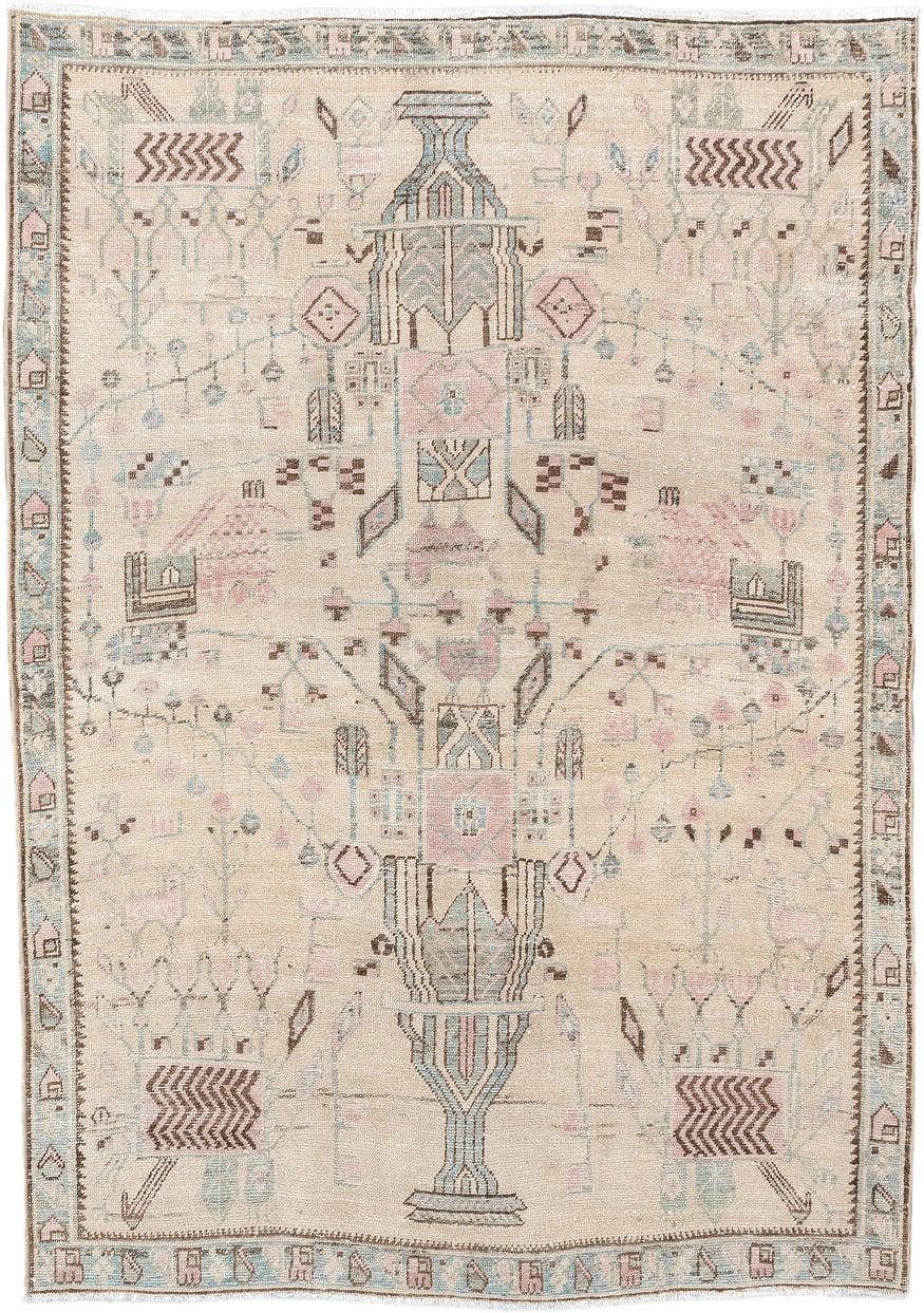3' x 5' one-of-a-kind handmade antique Afshar small size rug. Color palette: ivory, sky blue, blush, taupe, brown, camel