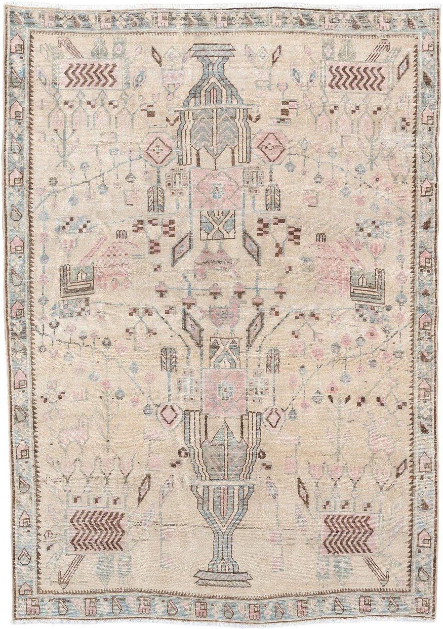 3' x 5' one-of-a-kind handmade antique Afshar small size rug. Color palette: ivory, sky blue, blush, taupe, brown, camel