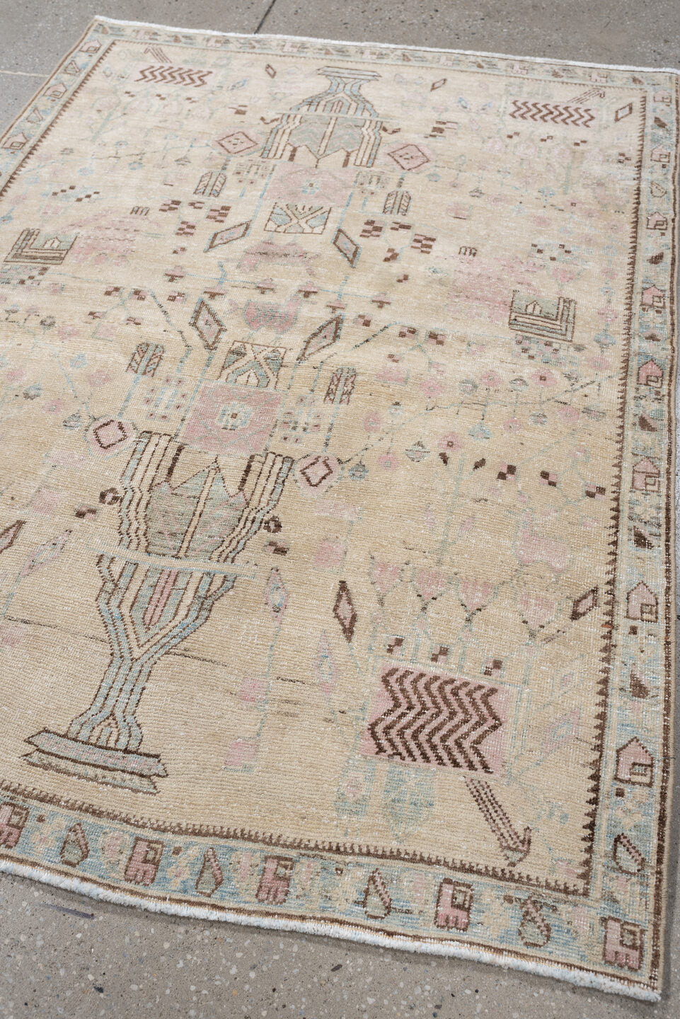 3' x 5' one-of-a-kind handmade antique Afshar small size rug. Color palette: ivory, sky blue, blush, taupe, brown, camel