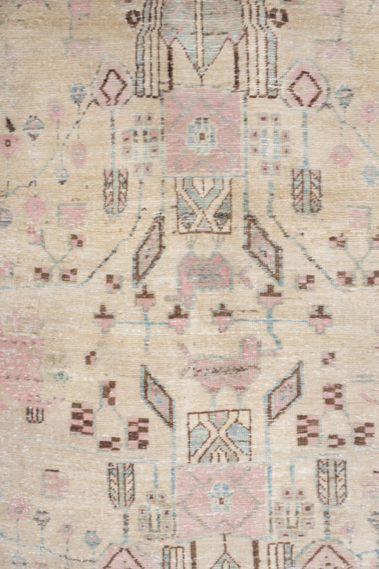 3' x 5' one-of-a-kind handmade antique Afshar small size rug. Color palette: ivory, sky blue, blush, taupe, brown, camel