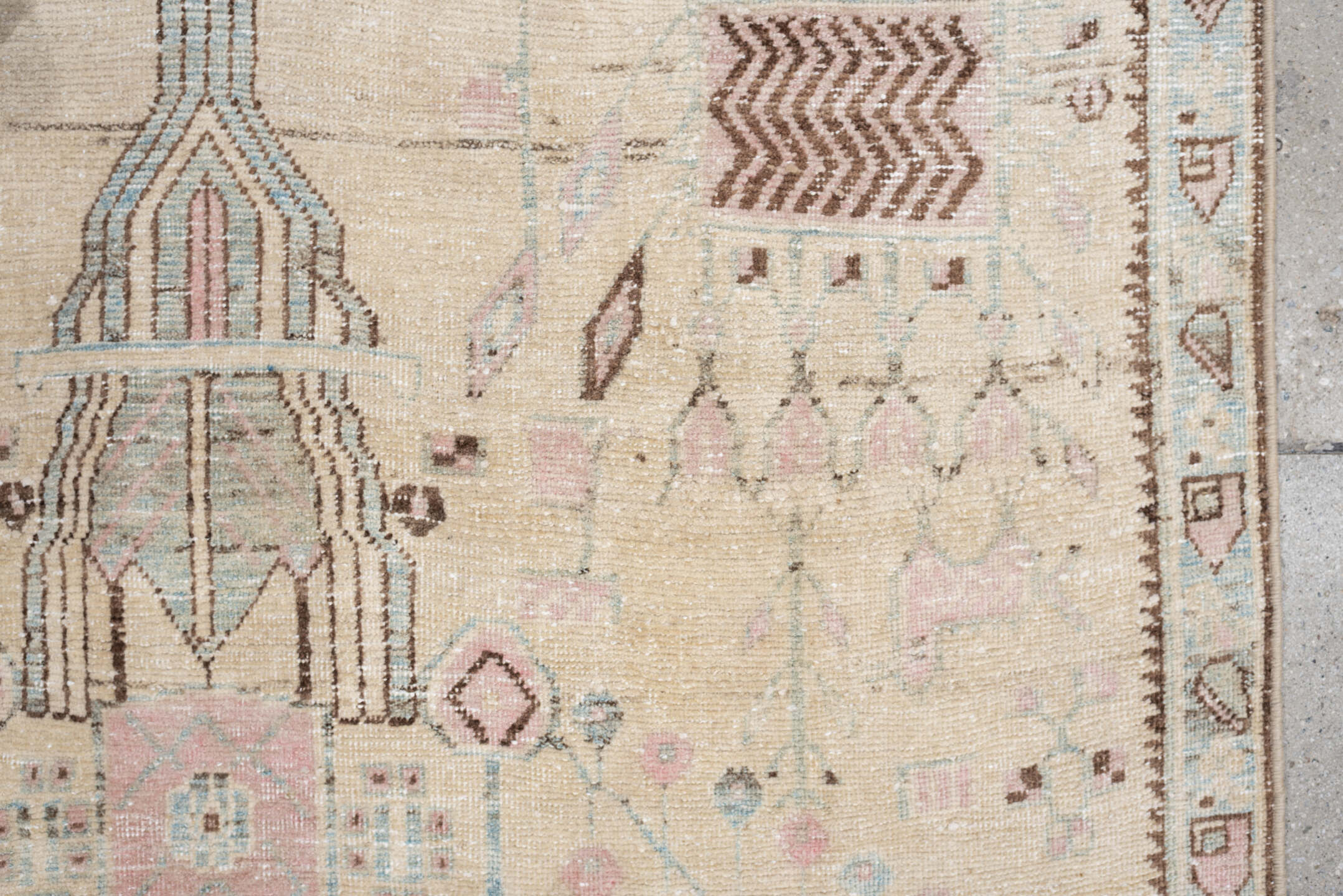 3' x 5' one-of-a-kind handmade antique Afshar small size rug. Color palette: ivory, sky blue, blush, taupe, brown, camel