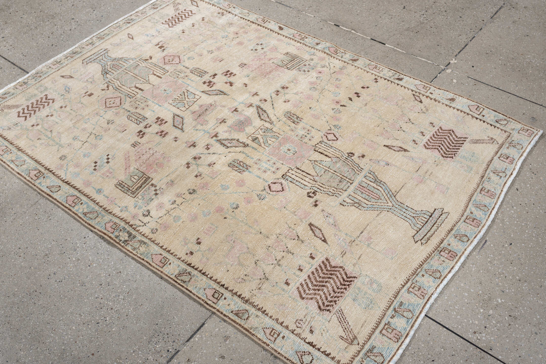 3' x 5' one-of-a-kind handmade antique Afshar small size rug. Color palette: ivory, sky blue, blush, taupe, brown, camel