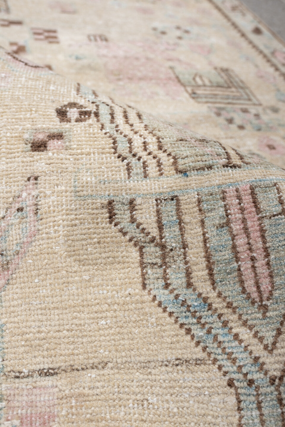 3' x 5' one-of-a-kind handmade antique Afshar small size rug. Color palette: ivory, sky blue, blush, taupe, brown, camel