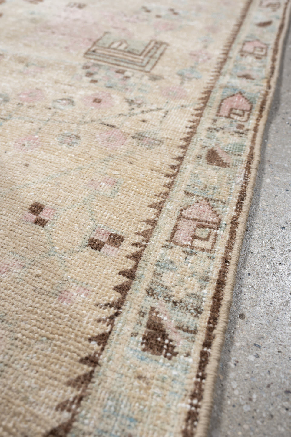3' x 5' one-of-a-kind handmade antique Afshar small size rug. Color palette: ivory, sky blue, blush, taupe, brown, camel