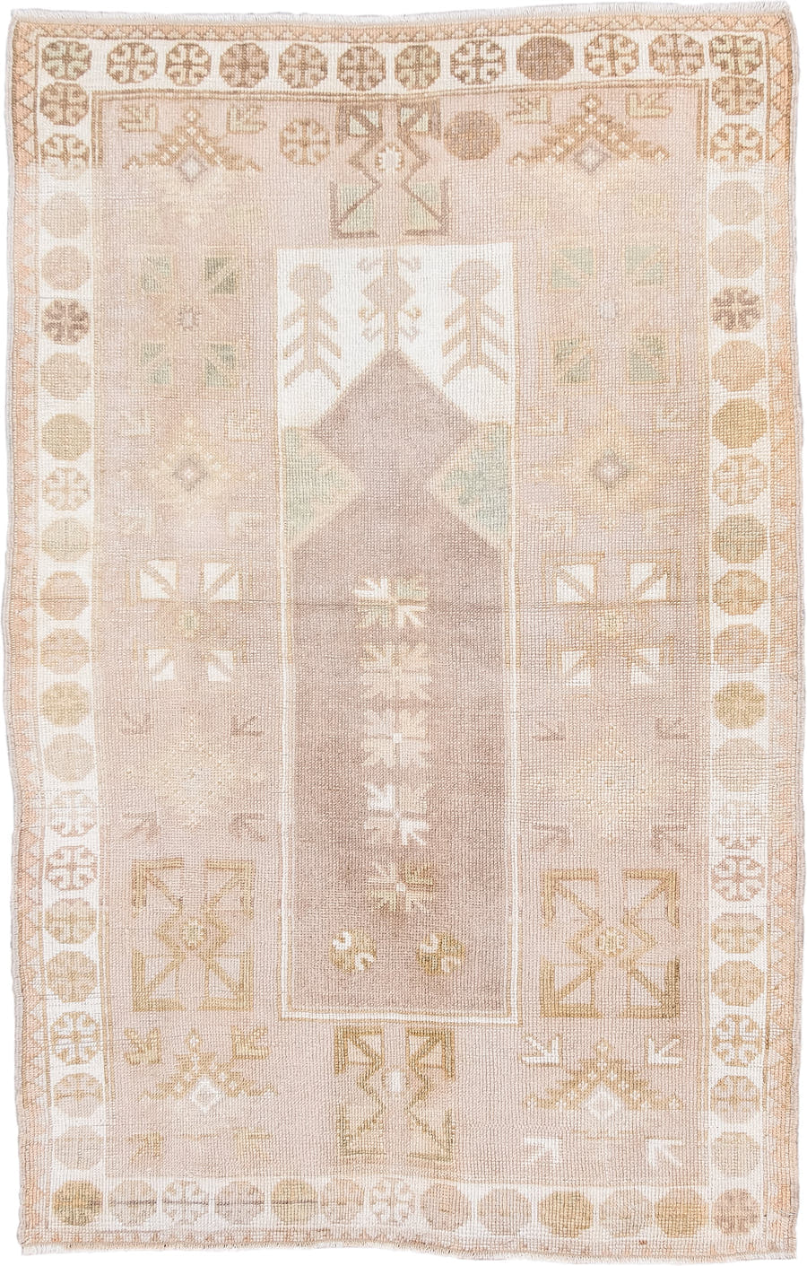 3' x 5' one-of-a-kind handmade antique Anatolian small size rug. Color palette: ivory, sand, taupe, beige, camel, sage, gray