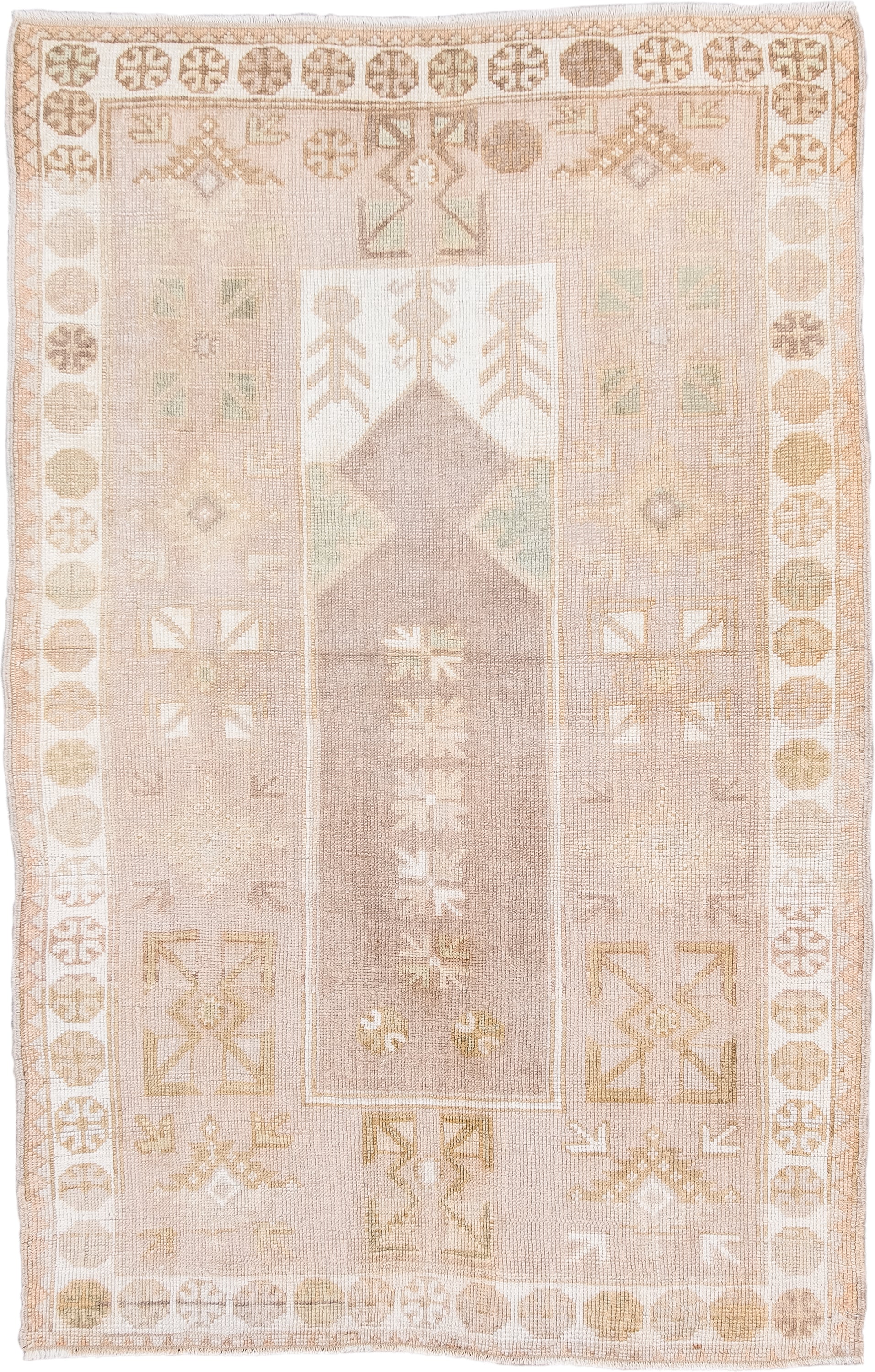 3' x 5' one-of-a-kind handmade antique Anatolian small size rug. Color palette: ivory, sand, taupe, beige, camel, sage, gray