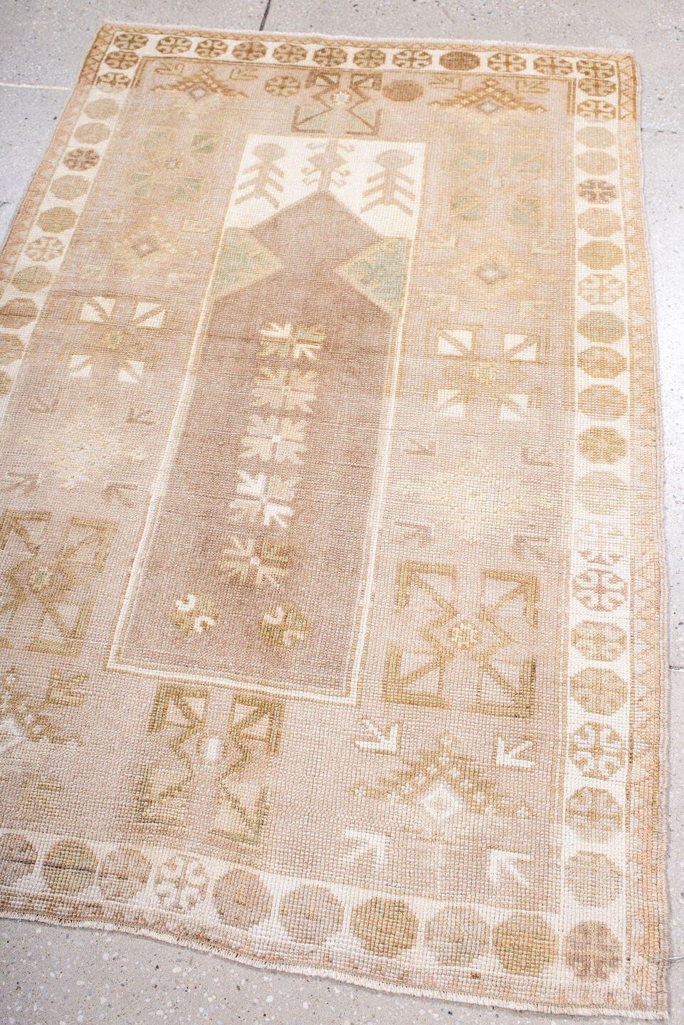 3' x 5' one-of-a-kind handmade antique Anatolian small size rug. Color palette: ivory, sand, taupe, beige, camel, sage, gray