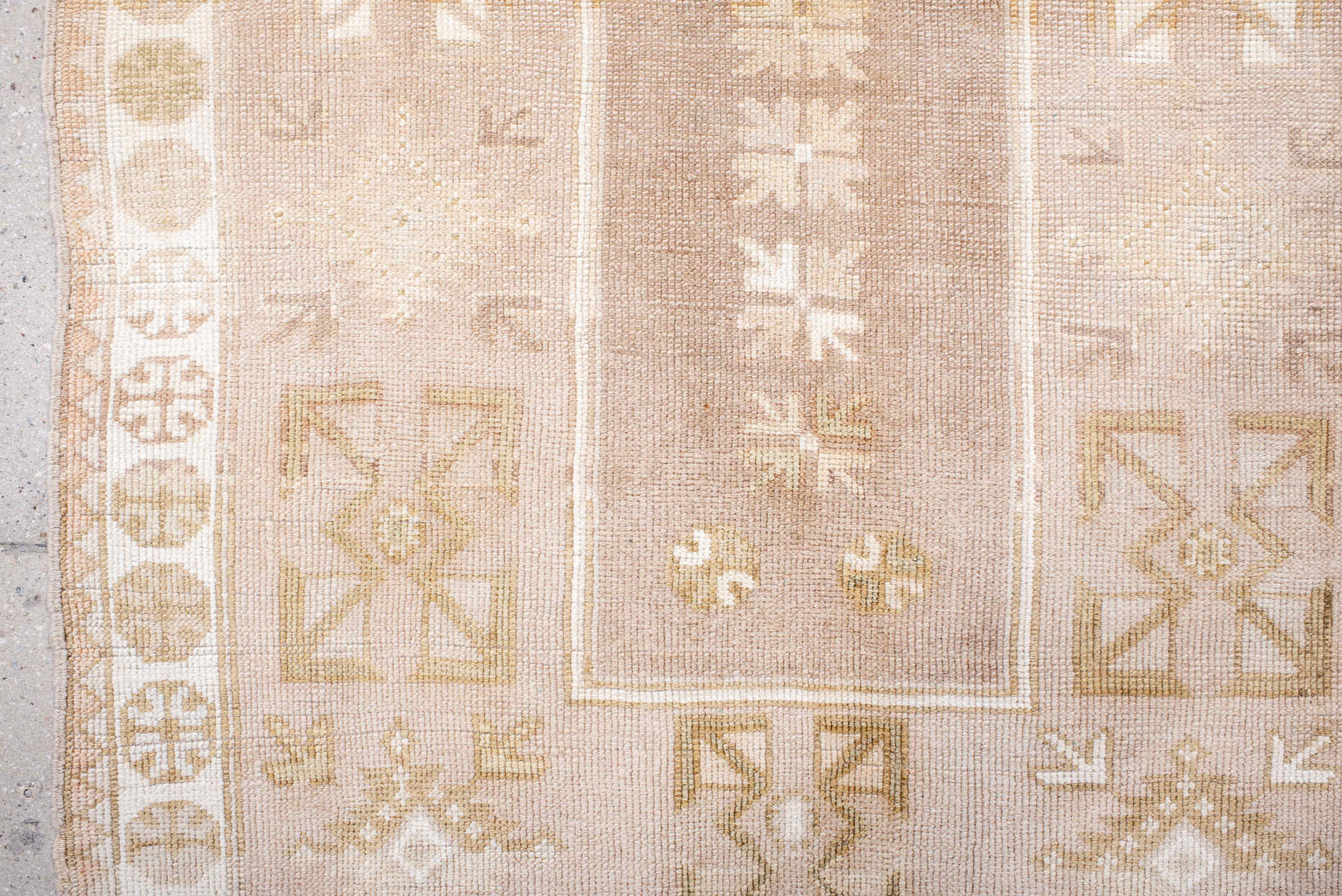 3' x 5' one-of-a-kind handmade antique Anatolian small size rug. Color palette: ivory, sand, taupe, beige, camel, sage, gray