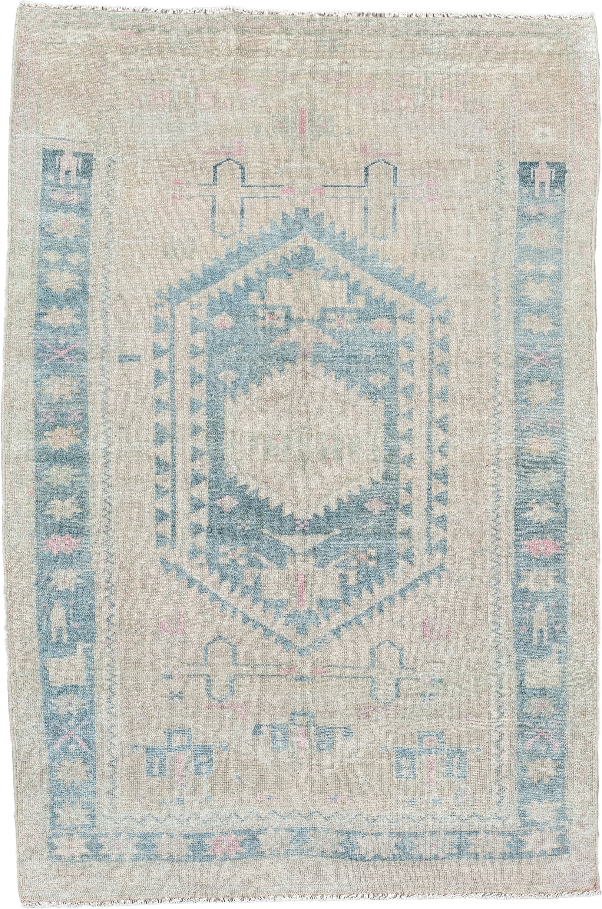 4' x 6' one-of-a-kind handmade antique Hamadan rug. Color palette: ivory, powder blue, blush, cream, pale gray, taupe
