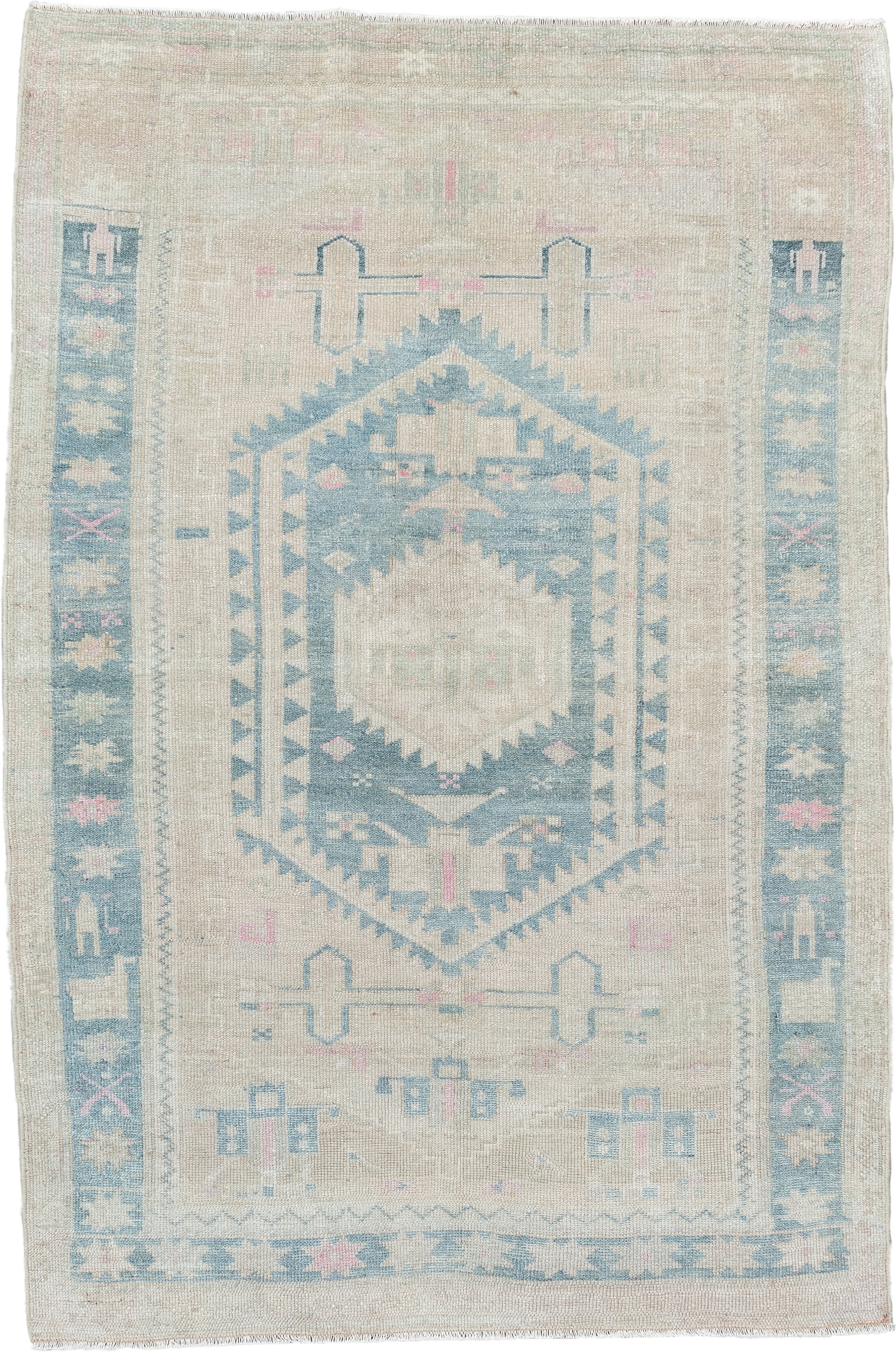 4' x 6' one-of-a-kind handmade antique Hamadan rug. Color palette: ivory, powder blue, blush, cream, pale gray, taupe