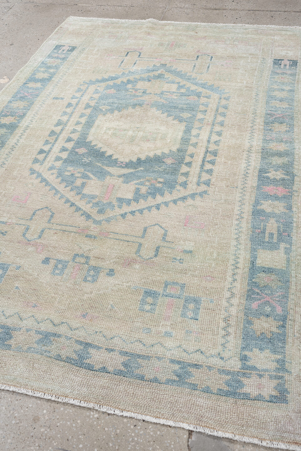 4' x 6' one-of-a-kind handmade antique Hamadan rug. Color palette: ivory, powder blue, blush, cream, pale gray, taupe