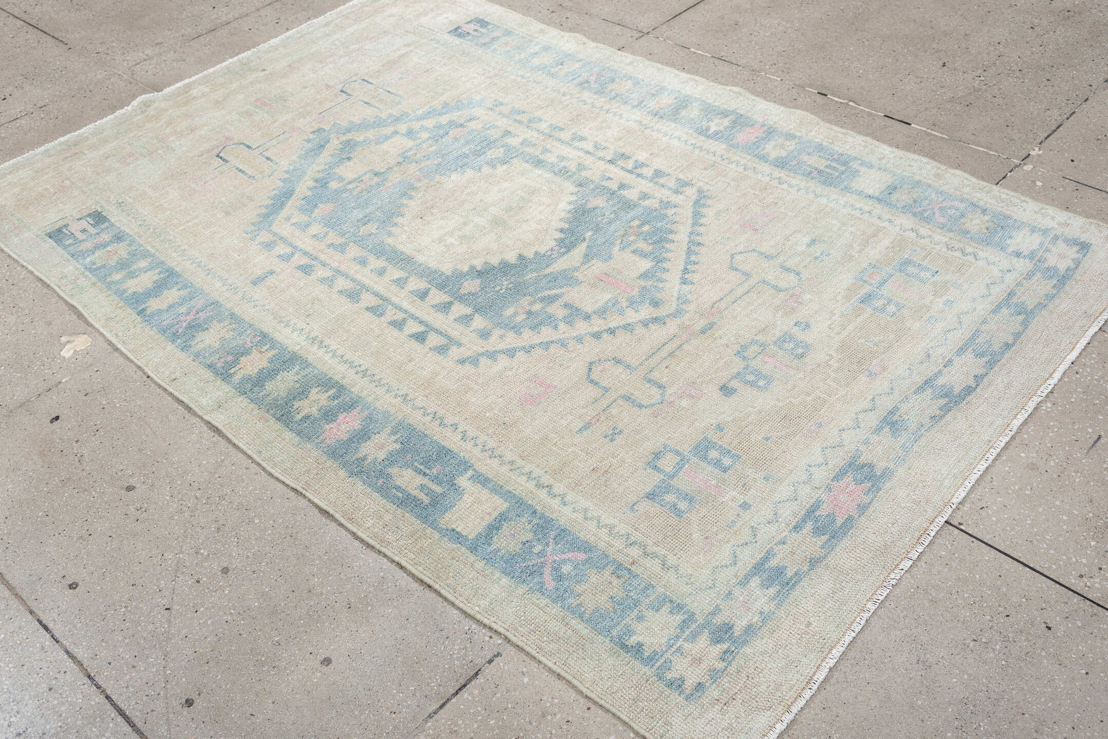 4' x 6' one-of-a-kind handmade antique Hamadan rug. Color palette: ivory, powder blue, blush, cream, pale gray, taupe