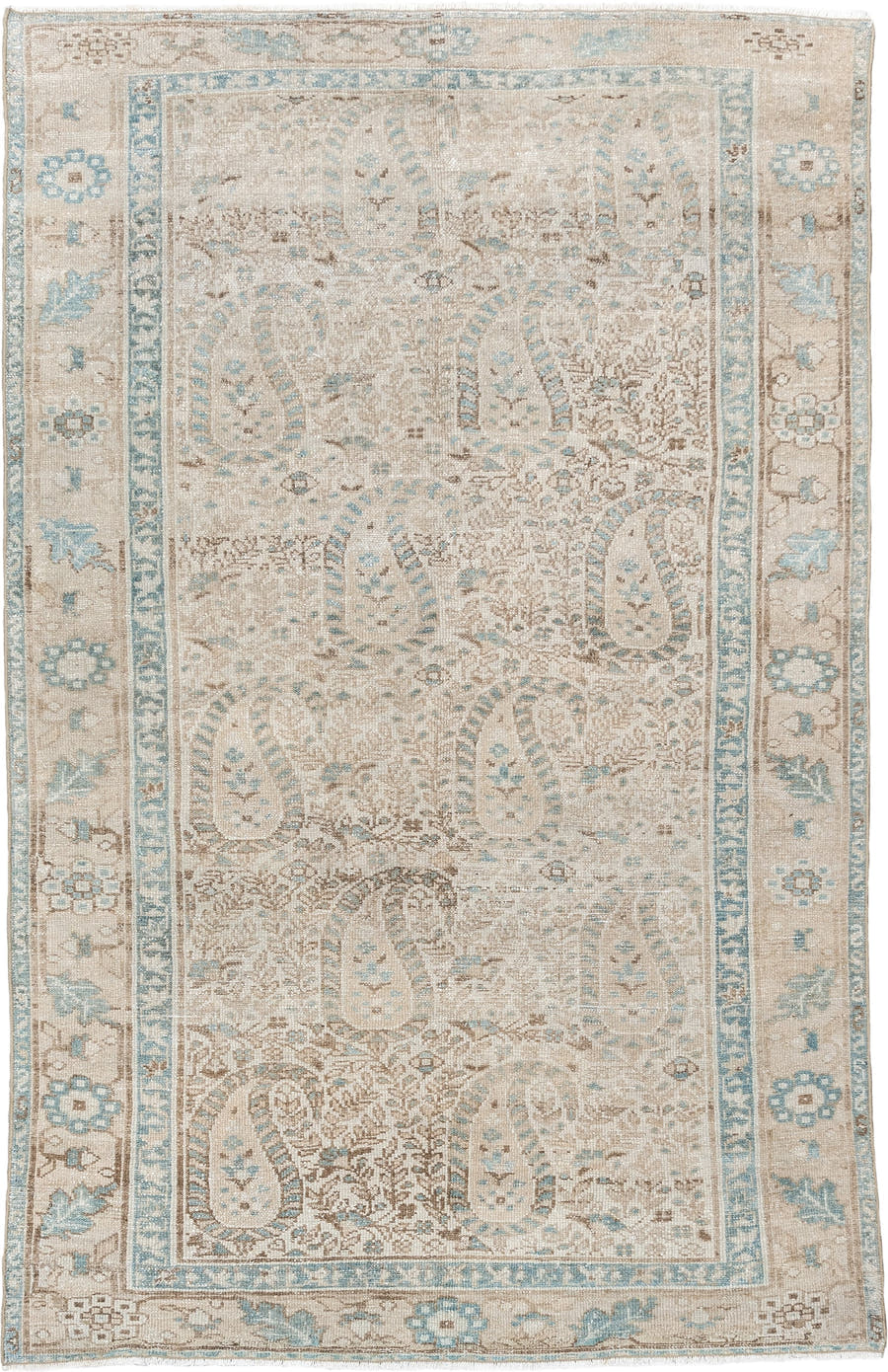 4' x 6' one-of-a-kind handmade antique Malayer rug. Color palette: ivory, light blue, taupe, beige, camel, brown, gray