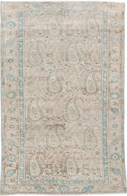 4' x 6' one-of-a-kind handmade antique Malayer rug. Color palette: ivory, light blue, taupe, beige, camel, brown, gray