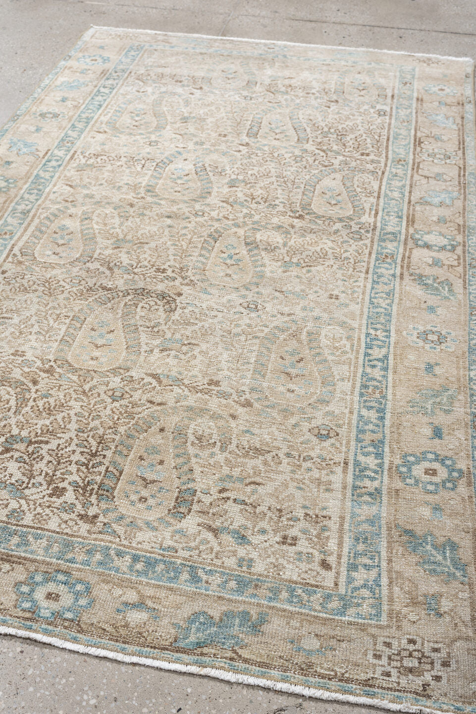 4' x 6' one-of-a-kind handmade antique Malayer rug. Color palette: ivory, light blue, taupe, beige, camel, brown, gray