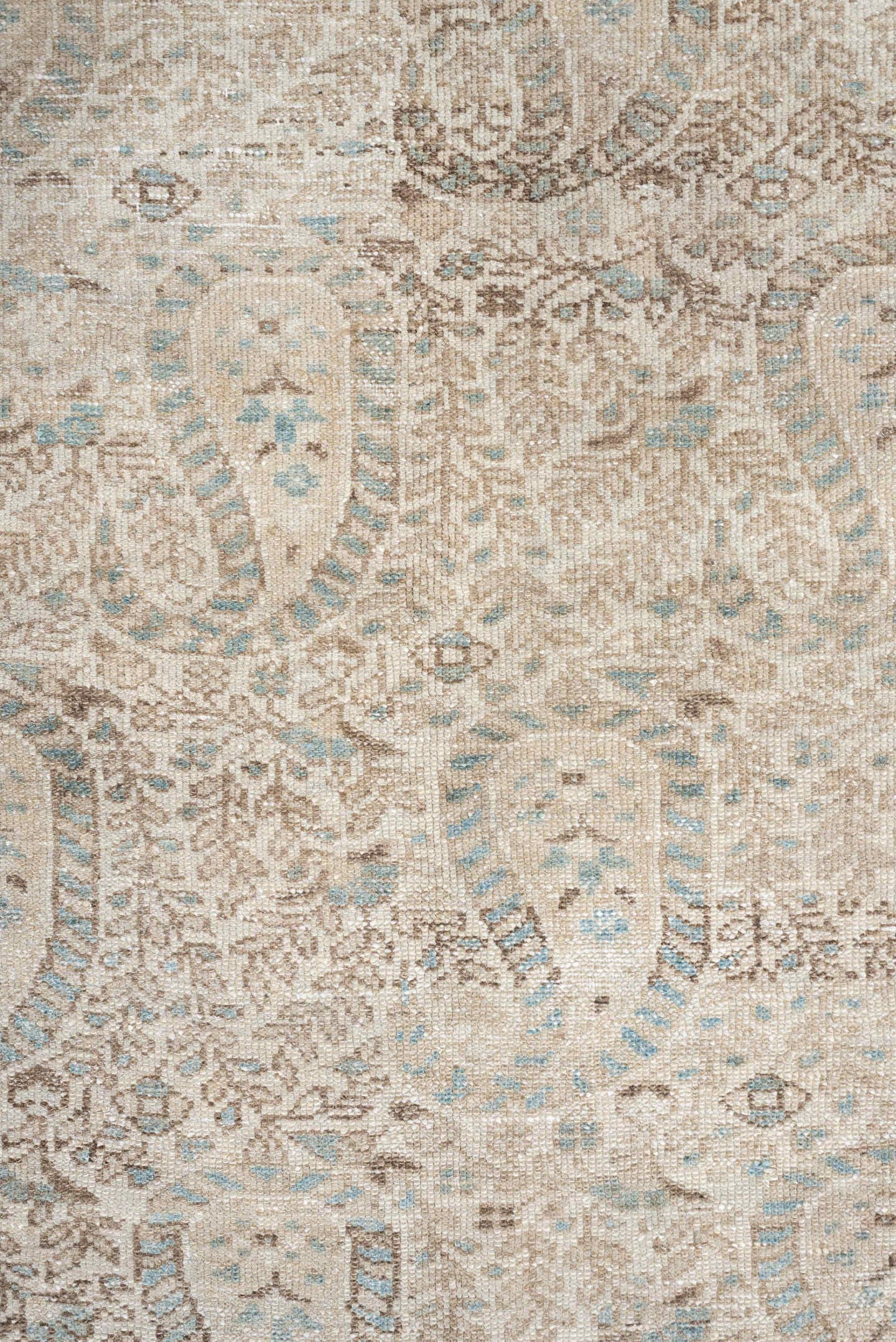 4' x 6' one-of-a-kind handmade antique Malayer rug. Color palette: ivory, light blue, taupe, beige, camel, brown, gray