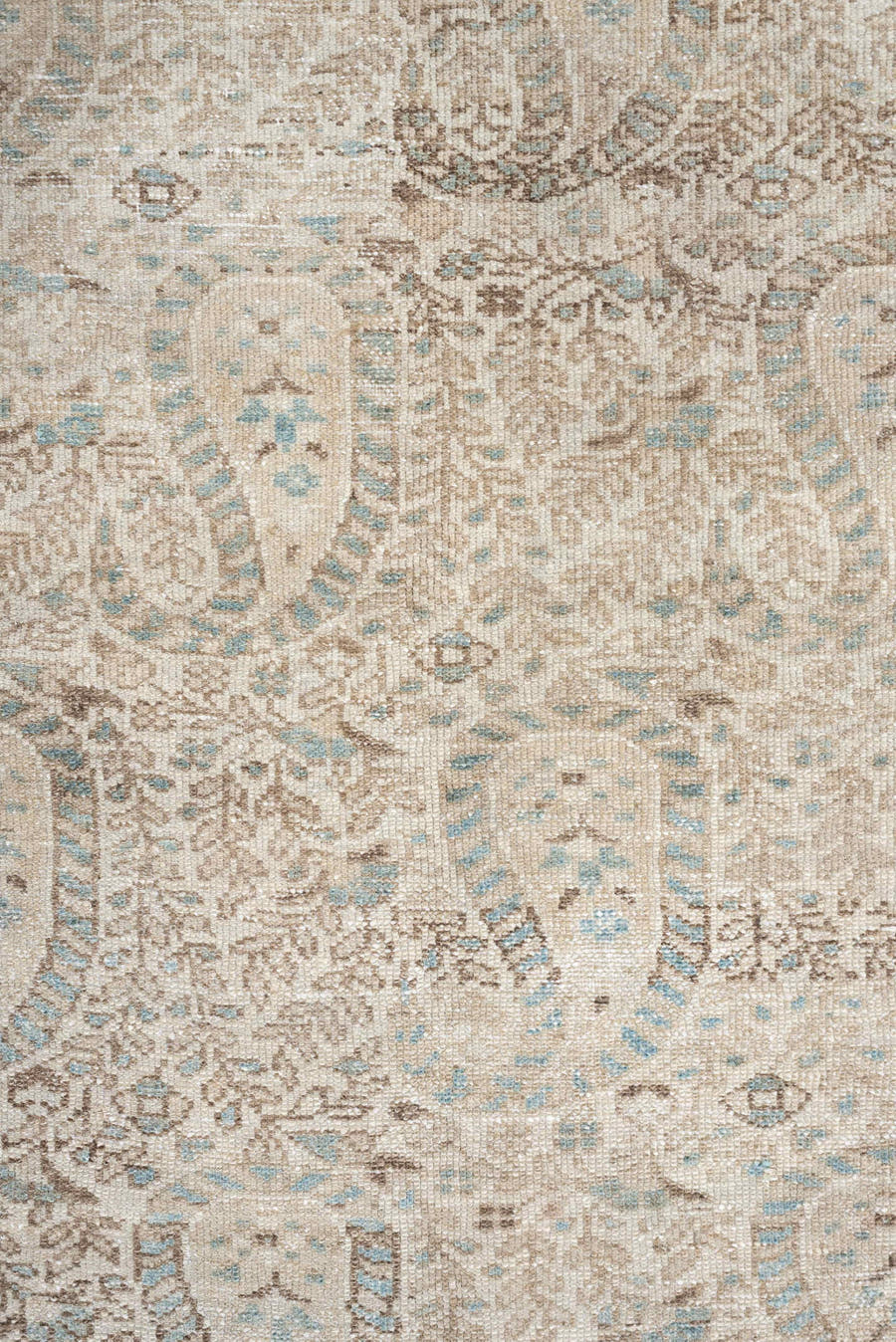 4' x 6' one-of-a-kind handmade antique Malayer rug. Color palette: ivory, light blue, taupe, beige, camel, brown, gray