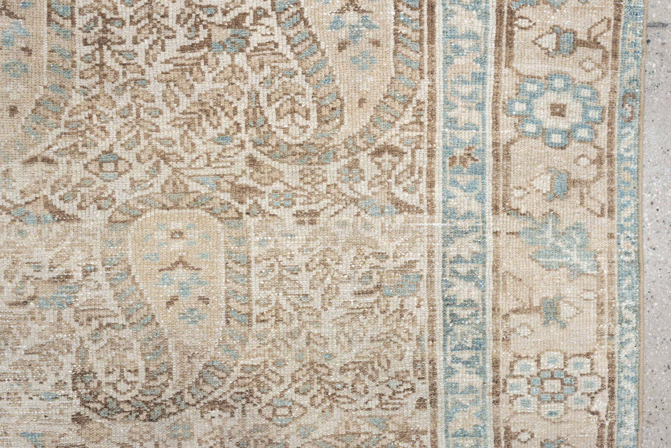 4' x 6' one-of-a-kind handmade antique Malayer rug. Color palette: ivory, light blue, taupe, beige, camel, brown, gray
