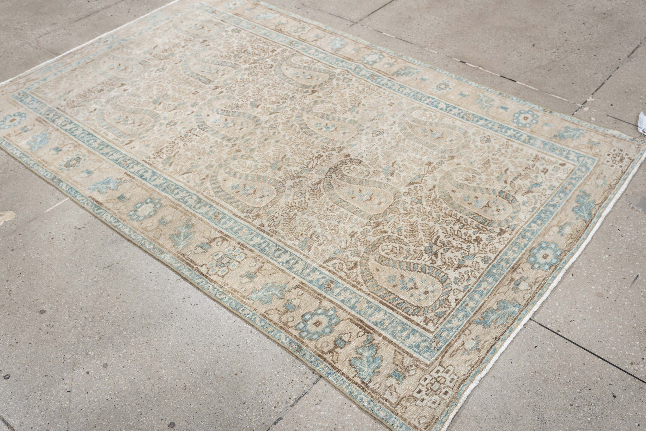4' x 6' one-of-a-kind handmade antique Malayer rug. Color palette: ivory, light blue, taupe, beige, camel, brown, gray