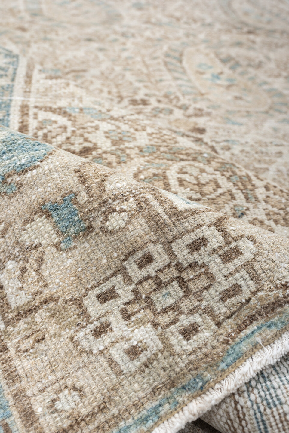 4' x 6' one-of-a-kind handmade antique Malayer rug. Color palette: ivory, light blue, taupe, beige, camel, brown, gray