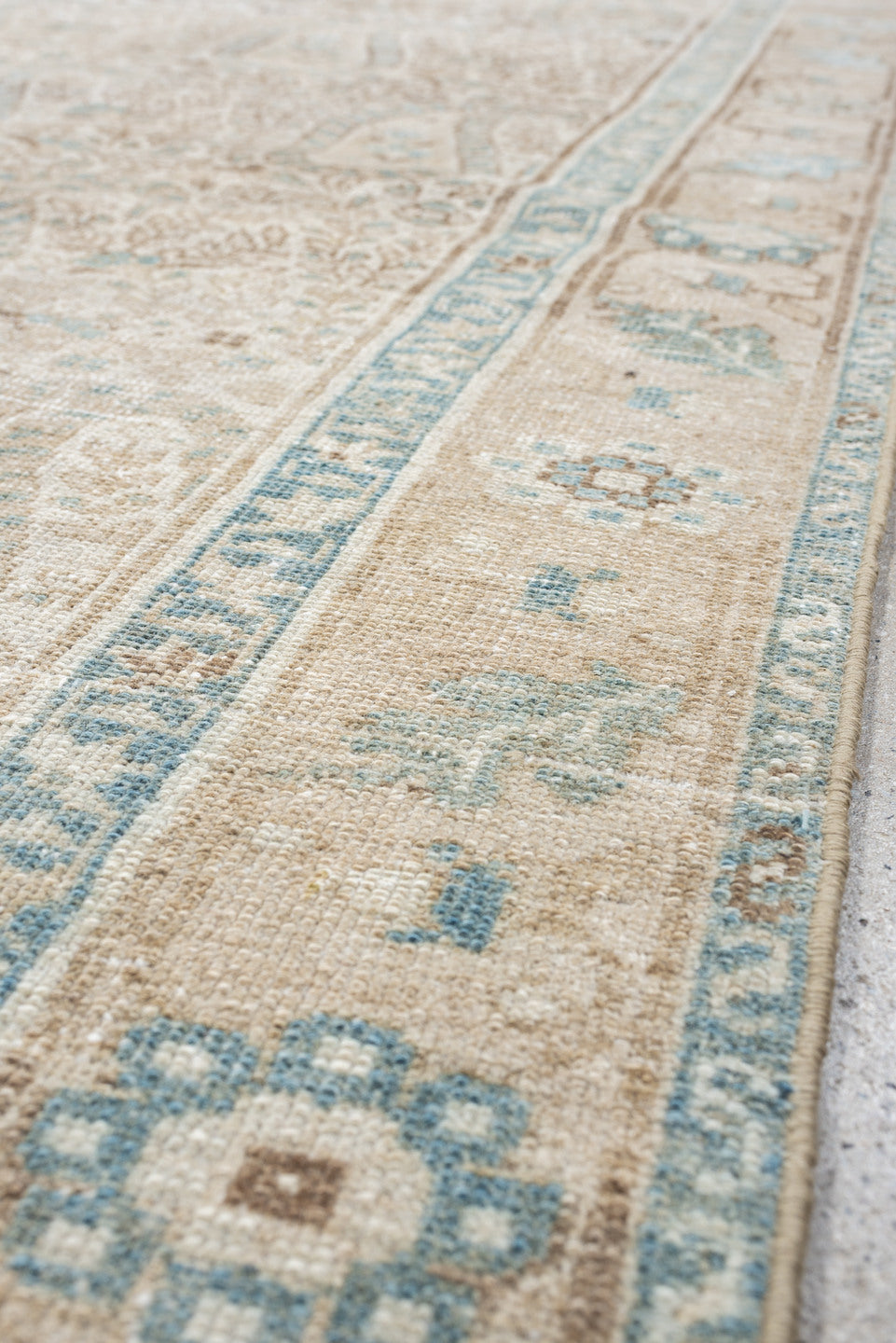 4' x 6' one-of-a-kind handmade antique Malayer rug. Color palette: ivory, light blue, taupe, beige, camel, brown, gray
