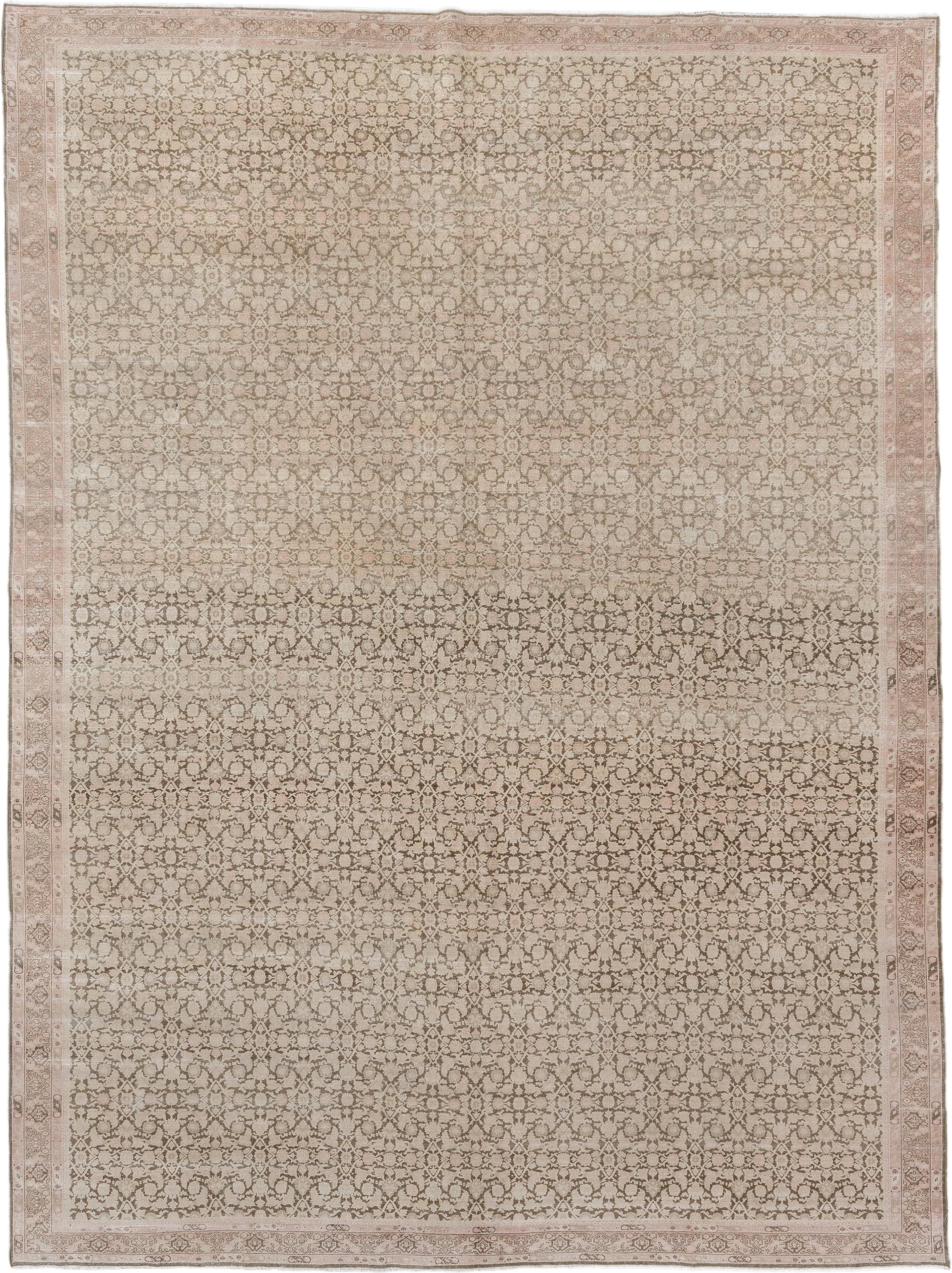 9' x 12' one-of-a-kind handmade vintage Tabriz large size rug. Color palette: ivory, taupe, blush, beige, sand, greige, gray