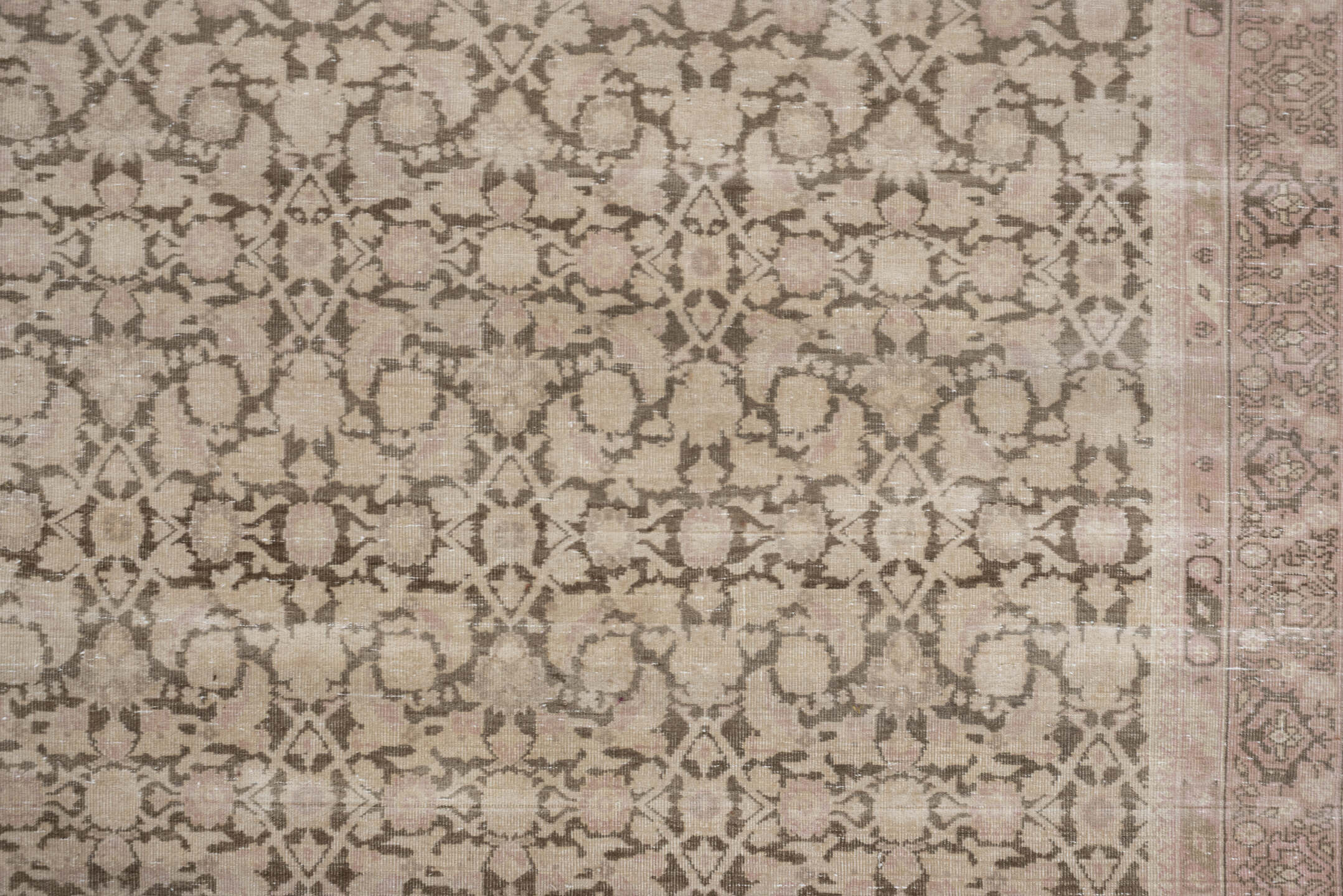 9' x 12' one-of-a-kind handmade vintage Tabriz large size rug. Color palette: ivory, taupe, blush, beige, sand, greige, gray