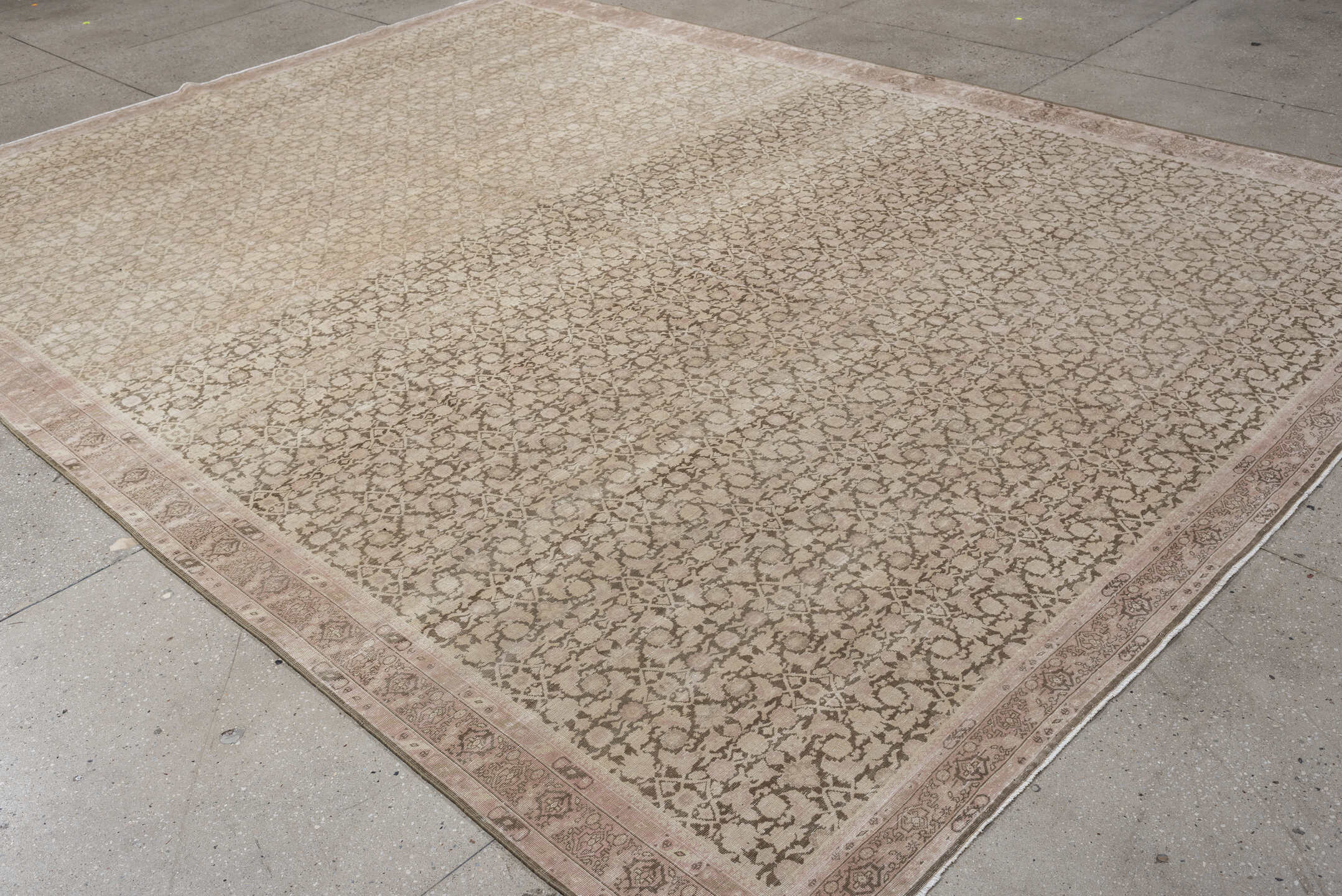 9' x 12' one-of-a-kind handmade vintage Tabriz large size rug. Color palette: ivory, taupe, blush, beige, sand, greige, gray