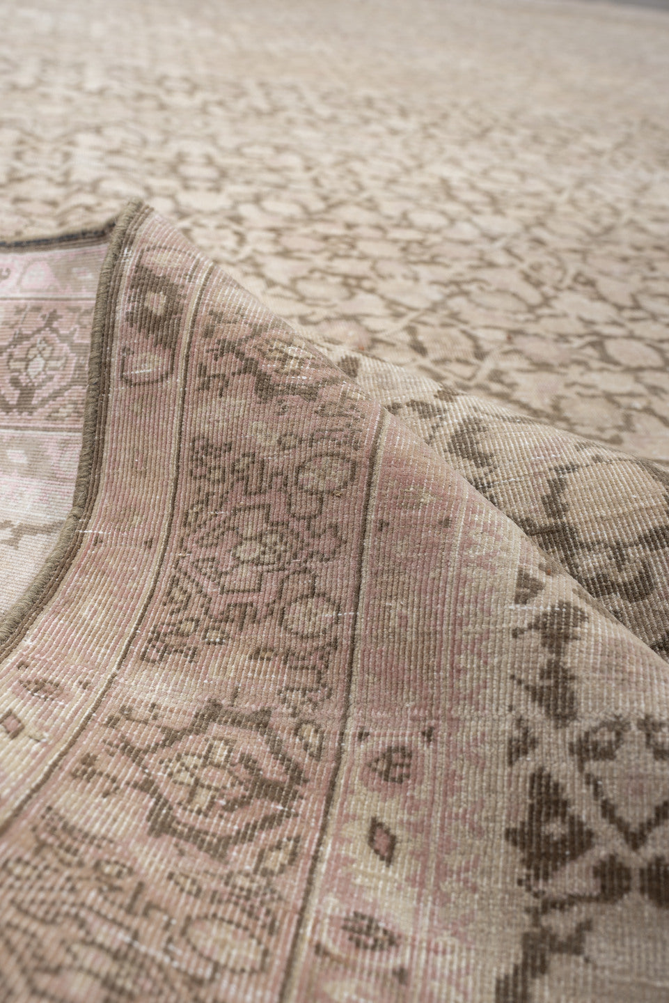 9' x 12' one-of-a-kind handmade vintage Tabriz large size rug. Color palette: ivory, taupe, blush, beige, sand, greige, gray